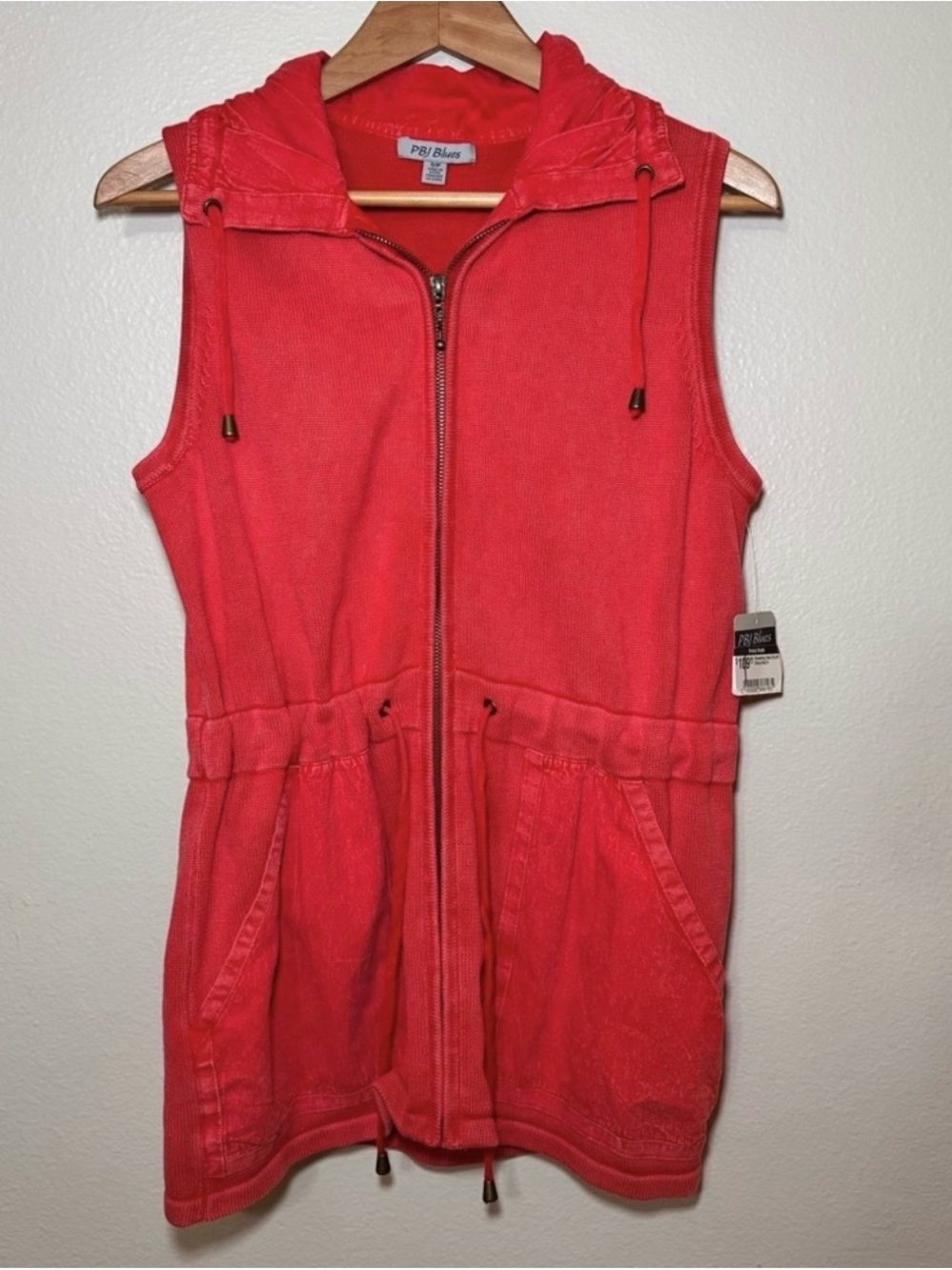 PBJ Blues Cherry Red Hooded Zip-Up Vest NWT Small Drawstring Cotton Utility